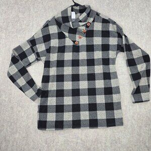 Womens 7th Ray Black & White Plaid Button-Detail Sweater Medium